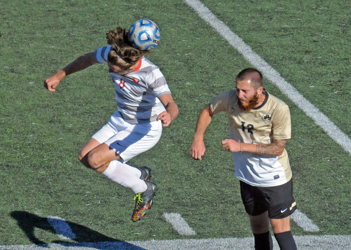 Dylan Wier took two shots on goal and scored once for the Hawks in Saturday's 3-1 loss to Ferrum. (Photo by Wesley Lyle)