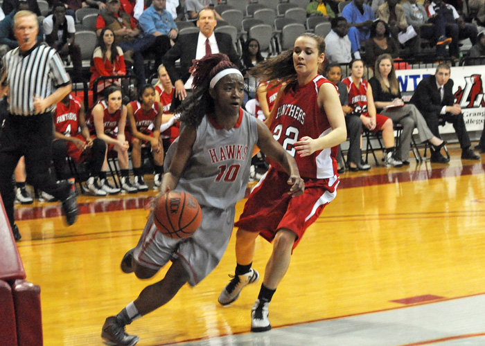 Pat Pickens, shown here against LaGrange, finished with 15 points and eight rebounds in Saturday's 56-45 loss to 20th-ranked Maryville. With the performance, Pickens broke the Lady Hawks' NCAA-era single-season scoring record and became just the second Lady Hawk to score 1,400 career-points. (Photo by Wesley Lyle)
